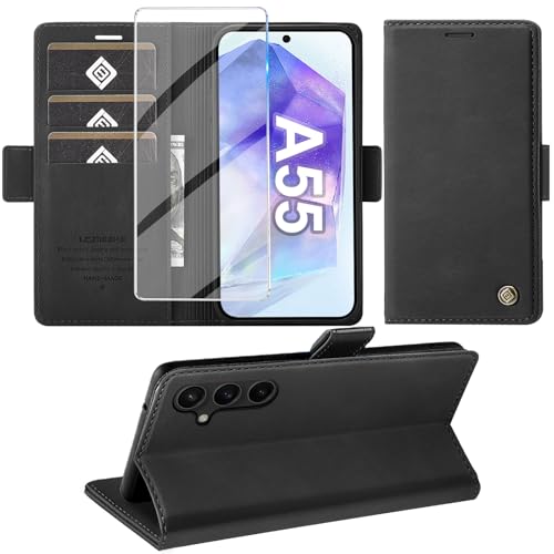 Giyer Cover Per Samsung Galaxy A55 5G Custodia Con Vetro Temperato, Premium Pelle Pu Portafoglio Slot Per Scheda Rfid Antifurto Funzione Supporto Flip