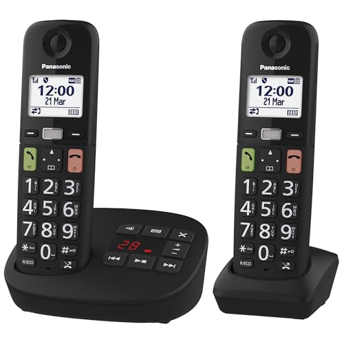 Panasonic Kx-Tgu132Exb Telefono Cordless Digitale Con Segreteria Telefonica, Unità Base E 2 Ricevitori, Display Lcd, Tasti Grandi, Fav Call, Compatibi