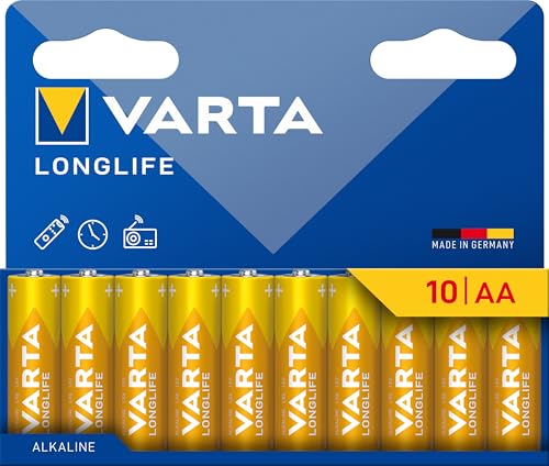 Varta Longlife, Batteria Alcalina, Aa, Mignon Lr6, Confezione Da 10, Made In Germany
