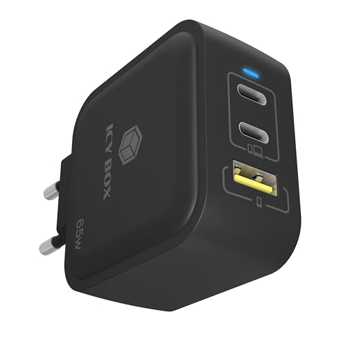 Icy Box Caricatore Gan 65W – Usb-C E Usb-A, Power Delivery 3.0, Funzione Di Ricarica Rapida, Compatto E Leggero, 2 Porte Usb-C, 1 Porta Usb-A, Per Sma