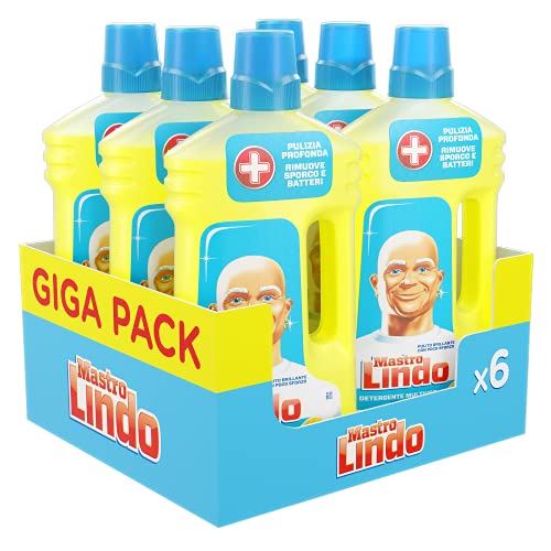 Mastro Lindo Detersivo Pavimenti, Liquido Multiuso, 6 Confezioni (6 X 950 Ml), Limone, Maxi Formato, Pulito Brillante Con Poco Sforzo, Efficace Multis