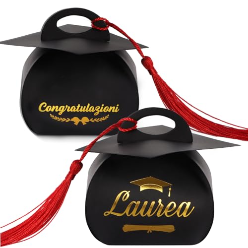 50Pz Scatole Bomboniere Laurea Scatoline Portaconfetti Laurea Cappello Con 50Pz Nappe Rosse Scatola Tocco Decorazione Laurea Per Confetti Regalo Congr