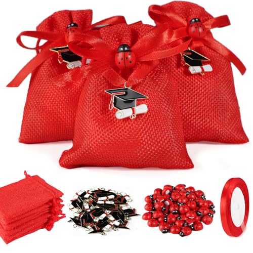 24Pz Bomboniere Laurea Portaconfetti Ciondoli Laurea Tocca 50Pz Ciondoli Coccinella Sacchetti Iuta Rossa Confetti Nastro Rosso Addobbi Laurea Festa Bo