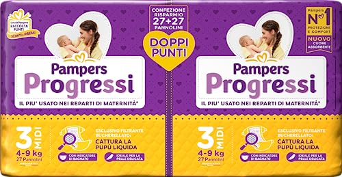 Pampers Progressi Midi, Pacco Doppio, Taglia 3 (4-9 Kg), 54 Pannolini