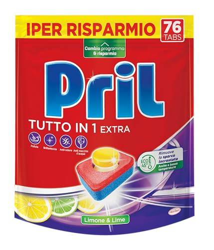 Pril Tutto In 1 Extra Tabs Limone & Lime Detersivo, Pastiglie Per Lavastoviglie Attive Già A Basse Temperature (40°), Detersivo Lavastoviglie Con 8 Az