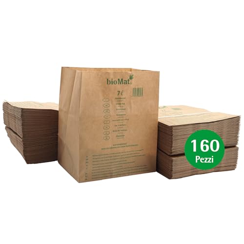 Biomat Sacchetti Di Carta Compostabili Da 7L Per Umido, 160 Sacchetti Di Carta Kraft, Resistenti All'Umidità, Doppio Fondo, Made In Germany