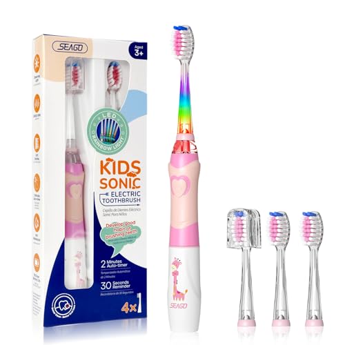 Seago Spazzolino Elettrico Bambini 3-12 Anni Spazzolino Bambini Spazzolini Elettrici Con 4 Testine Spazzolino Elettrico Luce Led Colorata E Osservante
