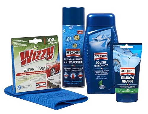 Arexons Car Care Lucidanti, Kit Composto Da Pasta Rimuovi Graffi, Polish Rinnovante, Impermeabilizzante Anti Macchia, Panno Wizzy Superfibra, Kit Puli
