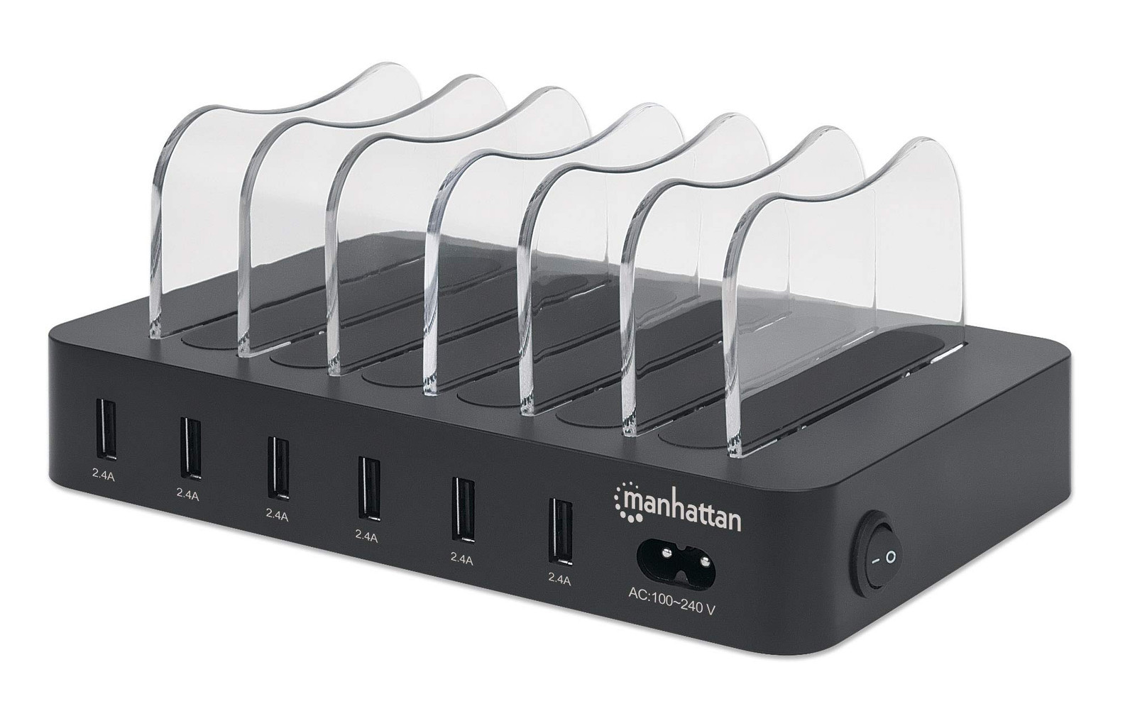 Manhattan 50 W 6 Port Charging Station w/ 6 Wide Clear Bays to Fast Charge Smart