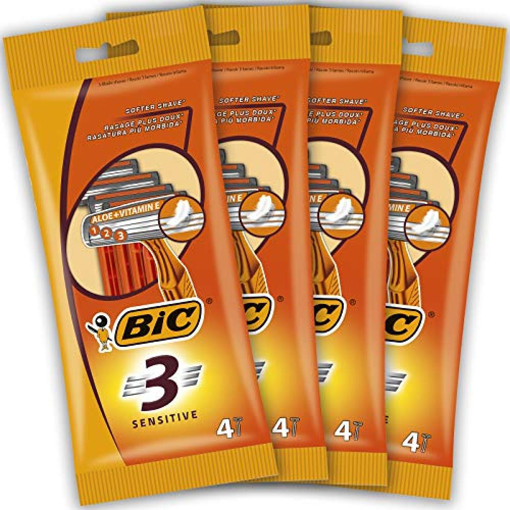 BIC RAZORS 3 Sensitive Rasoi Usa e Getta da Uomo, Confezione da 4 Pacchi a 4 Pez