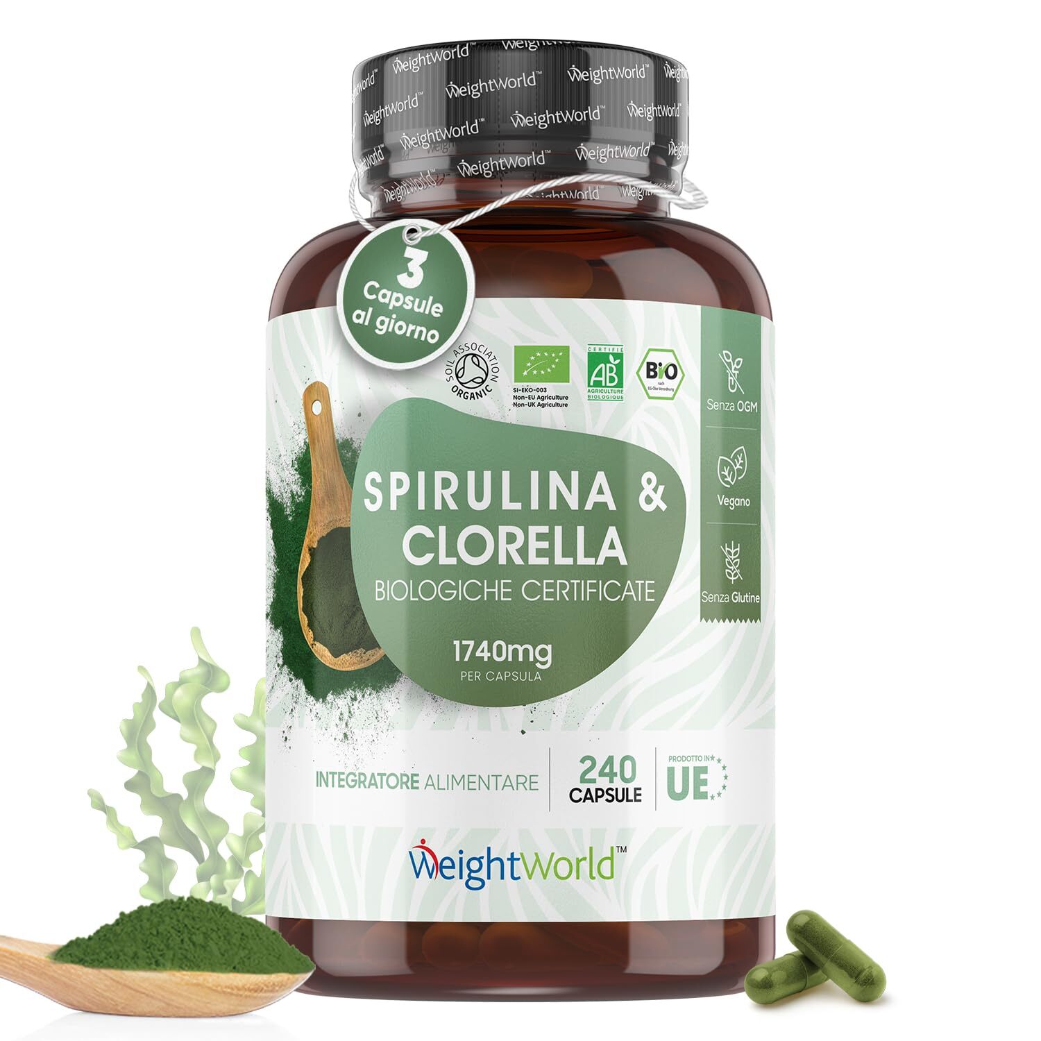 Spirulina e Clorella Bio 1740mg Alto Dosaggio, 240 Capsule Vegan