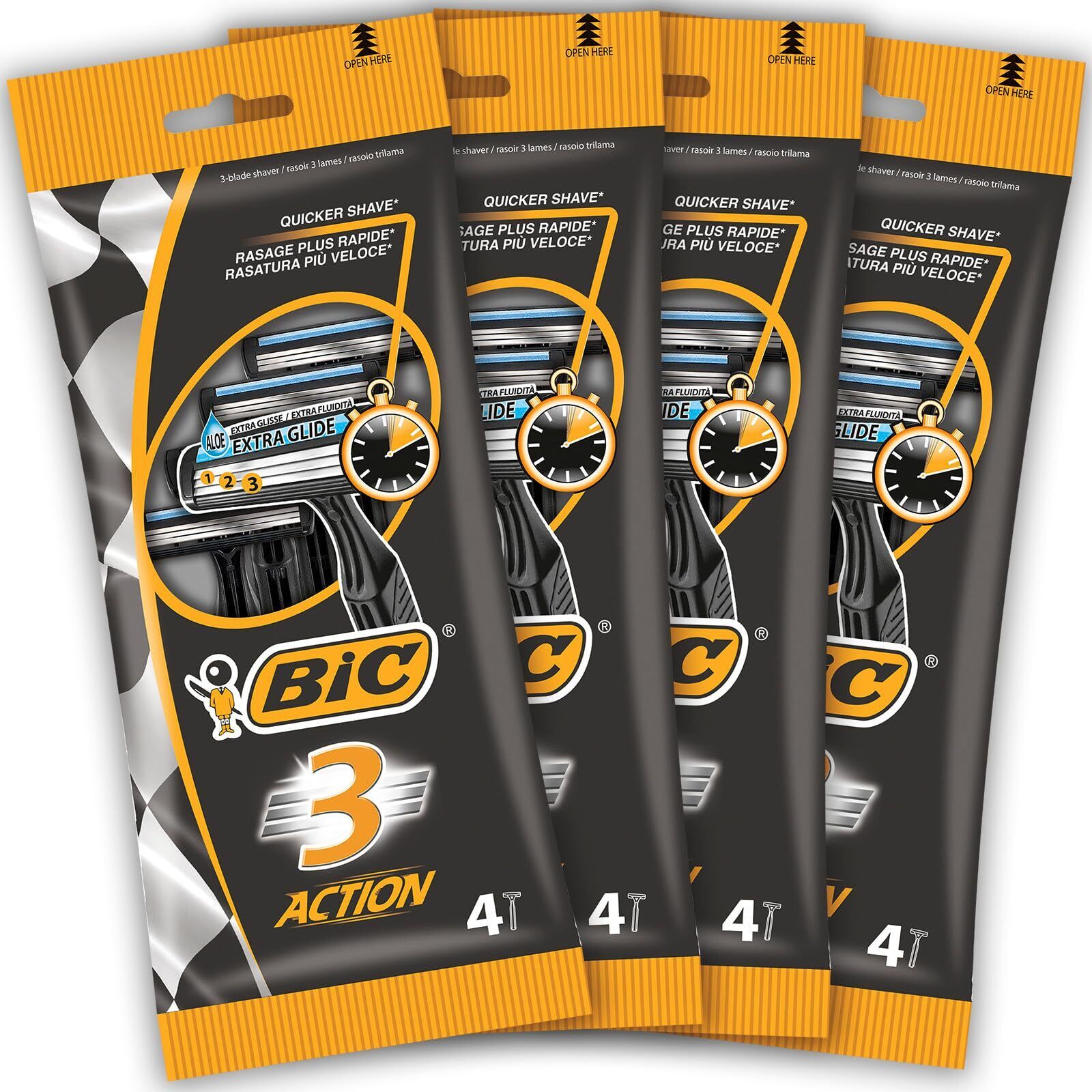 BIC RAZORS 3 Action Rasoi Usa e Getta da Uomo Confezione da 4 Pacchi a 4 Pezzi