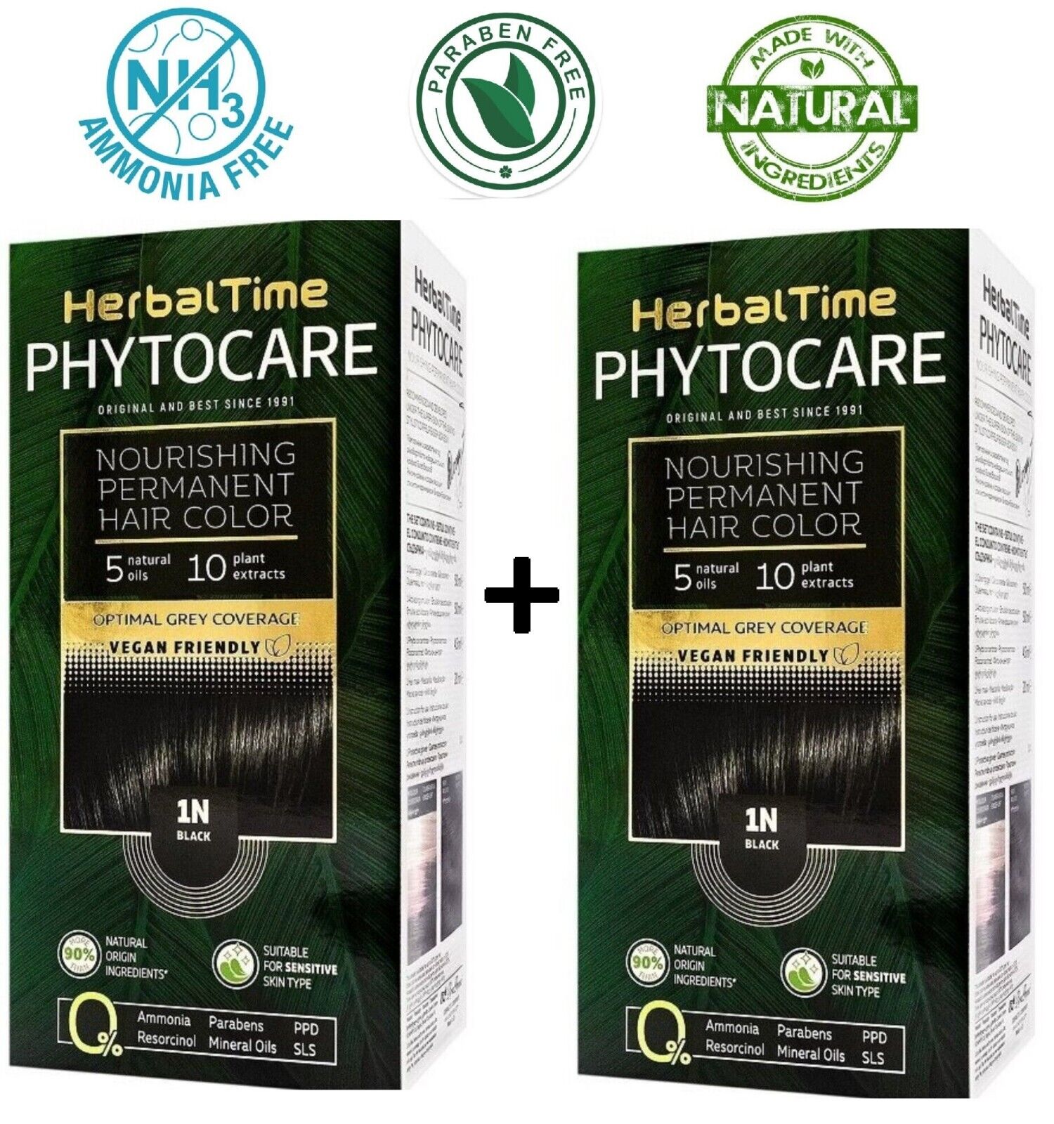 2 шт Краска для волос питательная без аммиака 1N Черный "Herbal Time Phytocare"