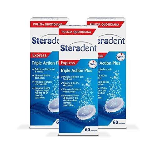 Steradent Triple Action Plus, 60 Compresse  3 Confezioni, Maxi formato