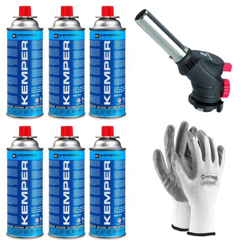 CANNELLO BRUCIATORE TORCIA SALDATORE GAS + 6 CARTUCCE GAS 227 KEMPER  + GUANTI