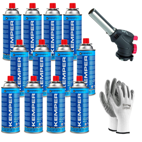CANNELLO BRUCIATORE TORCIA SALDATORE GAS + 12 CARTUCCE GAS 227 KEMPER  + GUANTI