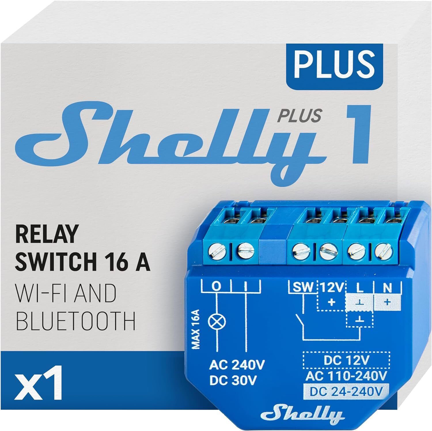 Shelly Plus 1, Relè interruttore intelligente, Wi-Fi & Bluetooth, Contatti a...