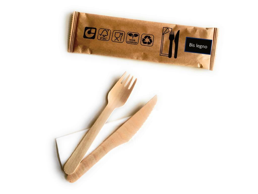 50 BIS MONOUSO POSATE LEGNO NATURALE 100% BIO FORCHETTA + COLTELLO + TOVAGLIOLO