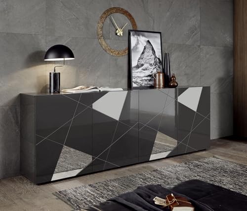 Bonussi Madia Desing Moderno 4 Ante Con Serigrafie E Specchi Vittoria 241X42X84 Cm Grigio Laccato Lucido