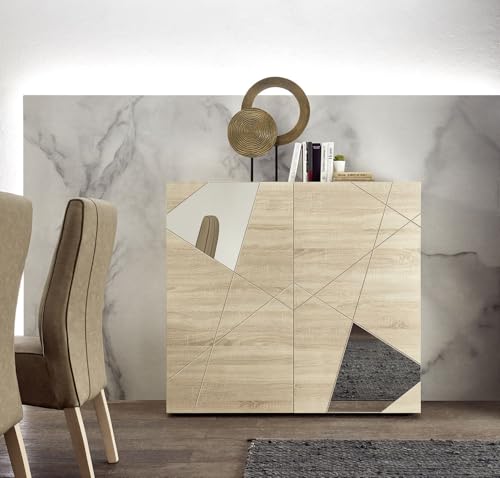 Bonussi Madia Desing Moderno 2 Ante Con Serigrafie E Specchi Vittoria 121X42X111 Cm Rovere Samoa