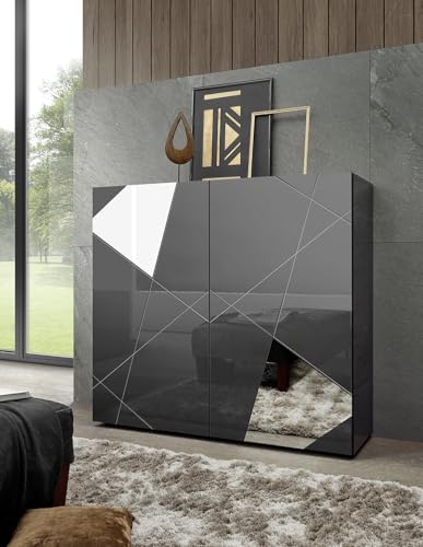 Bonussi Madia Desing Moderno 2 Ante Con Serigrafie E Specchi Vittoria 121X42X111 Cm Grigio Laccato Lucido