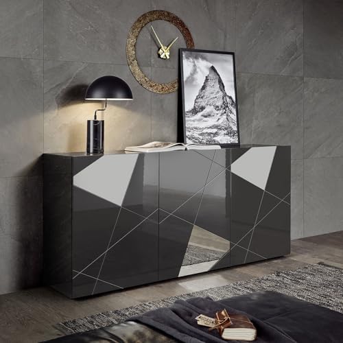 Bonussi Madia Desing Moderno 3 Ante Con Serigrafie E Specchi Vittoria 181X42X84 Cm Grigio Laccato Lucido