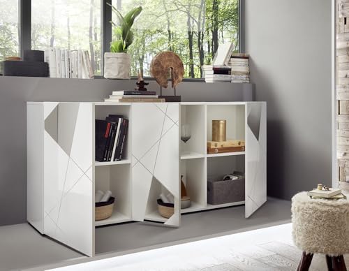 Bonussi Madia Desing Moderno 3 Ante Con Serigrafie E Specchi Vittoria 181X42X84 Cm Bianco Lucido