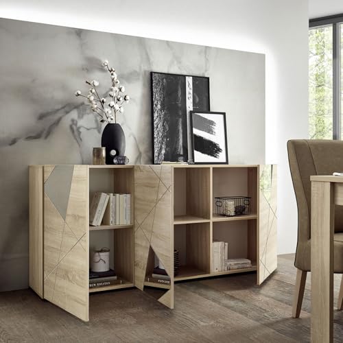 Bonussi Madia Desing Moderno 3 Ante Con Serigrafie E Specchi Vittoria 181X42X84 Cm Rovere Samoa
