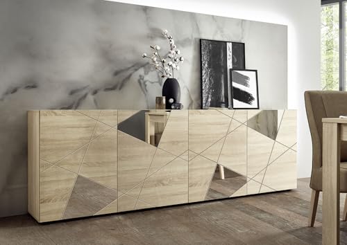 Bonussi Madia Desing Moderno 4 Ante Con Serigrafie E Specchi Vittoria 241X42X84 Cm Rovere Samoa