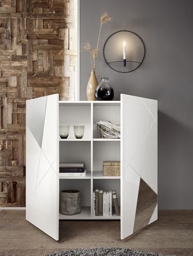 Bonussi Madia Desing Moderno 2 Ante Con Serigrafie E Specchi Vittoria 121X42X111 Cm Bianco Lucido