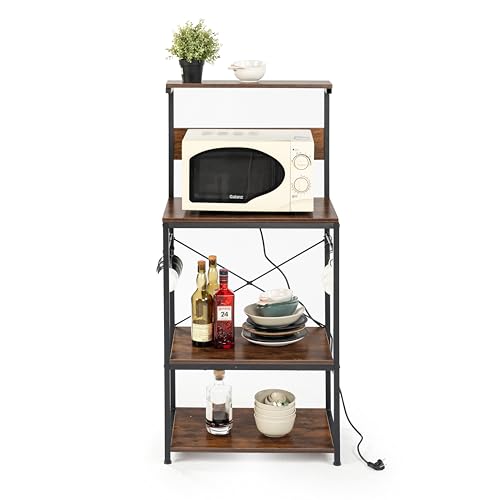 Furniturer Vertical Shelf With Power Strip, 3-Tier Storage Cabinet, Microwave Stand, Living Room Organiser Station With 2-Socket And 6 S-Hooks, Indust