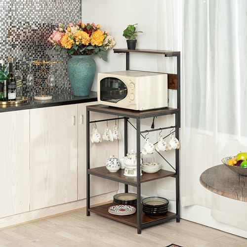 Furniturer Kitchen Shelf With Power Strip, 3-Level Storage Cabinet, Microwave Oven Holder, Dining Room Vertical Shelf With 2-Socket And 6 S-Hooks, Ind