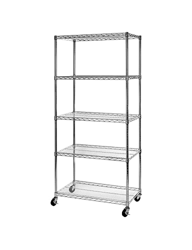 Seville Classics Scaffalatura Ultra Resistente Con 5 Ripiani E Rotelle Girevoli, 91, 4 X 45, 7 X 182, 8 Cm, Cromato
