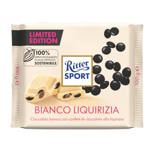 Ritter Sport Bianco Liquirizia, Tavoletta Di Cioccolato Bianco E Confetti Di Cioccolato Alla Liquirizia, Cacao 100% Certificato Sostenibile, 100G