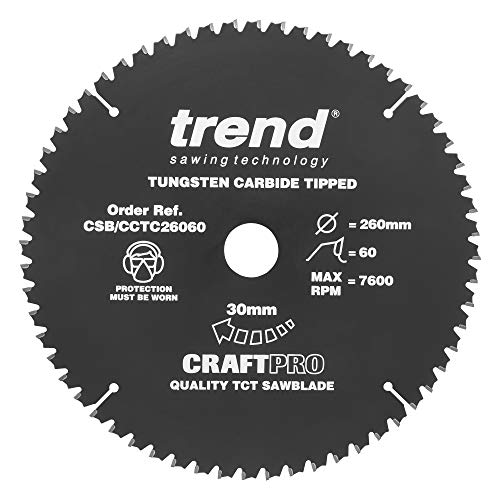 Trend Lama Per Sega Circolare Craftpro A Taglio Trasversale Con Kerf Sottile A Gancio Negativo, 260 Mm X 60 Denti X Foro Da 30 Mm, Punta In Carburo Di