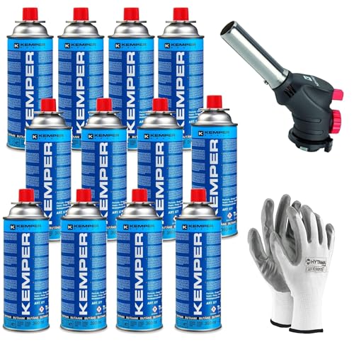 Kemper - Torcia Cannello A Gas, Scottatore Da Cucina, Caramellatore + Ricarica Di Gas Butano Da 227 G, Multifunzione + Guanti Omaggio (12 Butano + Can