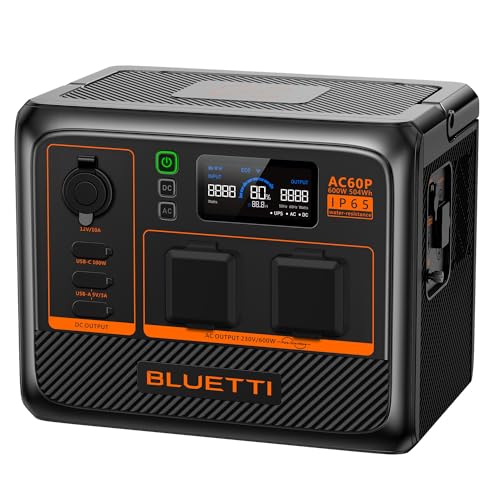 Bluetti Power Station Portatile Ac60P, Capacità 600 Wh, 1000 W (Picco 1200 W), Uscite Ac, Soluzione Energetica Compatta Per Viaggiare