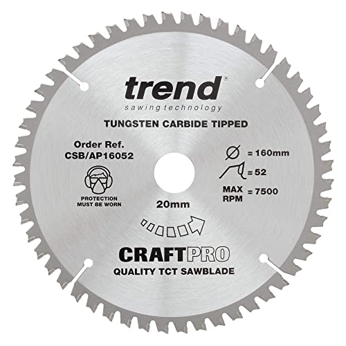 Trend Lama Per Sega Circolare Craftpro Tct Per Piano Di Lavoro In Alluminio E Plastica, Diametro 160 Mm X 52 Denti X Foro 20 Mm, Punta In Carburo Di T