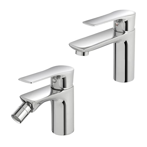 Set Miscelatori Lavabo E Bidet Con Piletta Click-Clack, In Ottone Cromato Lucido Con Scarico Automatico Incluso, Serie Flat