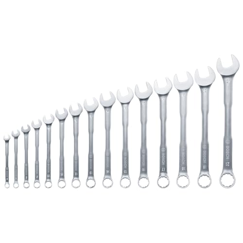 Bosch Set Di Chiavi Combinate Da 15 Pezzi (Robusto Set Di Chiavi Per Uso Univ., In Cromo-Vanadio, Coppia Elevata, Punte Ad Anello E Aperte, Misure Met