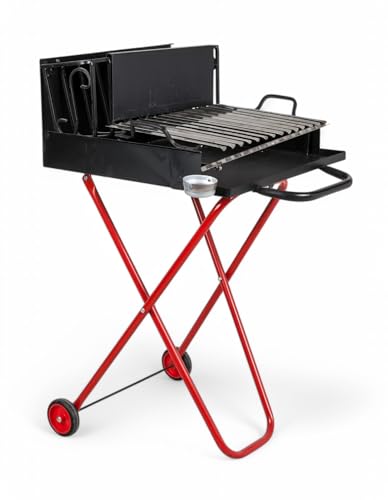 Barbecue A Legna Portatile Con Griglia In Acciaio Inox, Ripiano Recupera Grassi, Pieghevole Con Ruote, Made In Italy, Con Tira Braci E Bicchiere Racco