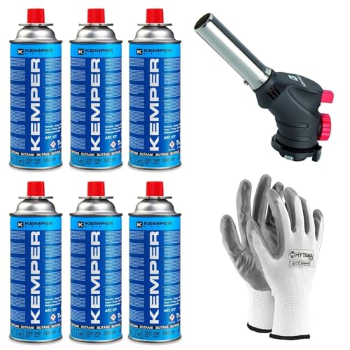 Kemper - Torcia Cannello A Gas, Scottatore Da Cucina, Caramellatore + Ricarica Di Gas Butano Da 227 G, Multifunzione + Guanti Omaggio (6 Butano + Cann
