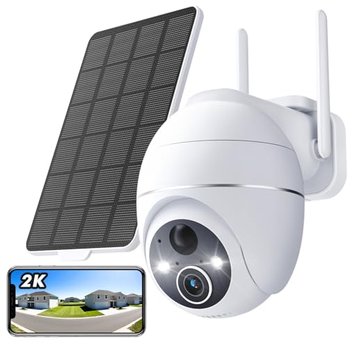 Yeskamou Telecamera Wi-Fi Esterno Senza Fili, 2K Telecamera Wifi Esterno Senza Fili Videocamera Sorveglianza, Pannello Solare A Batteria, 360° Pt, Vis