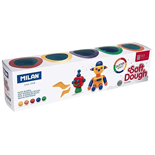 Milan 913505G Caja 5 Frascos 142Gr Glitter Soft Dough, Argilla, Vari, Normal, 142 Unità