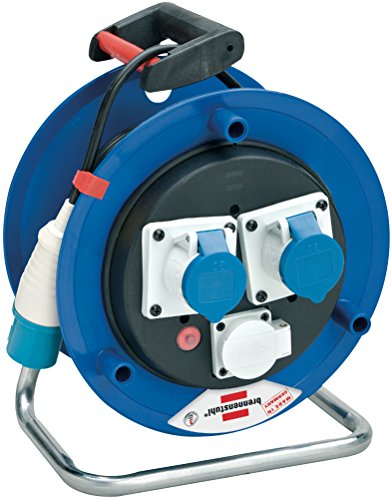 Brennenstuhl 1332806 Avvolgicavo 50 M (Cavo Cantiere) Maniglia Ergonomica, Spina Cee 3 Poli 230V/16A, 1 Presa Schuko E 2 Prese Cee 3 Poli 230V/16A Aut