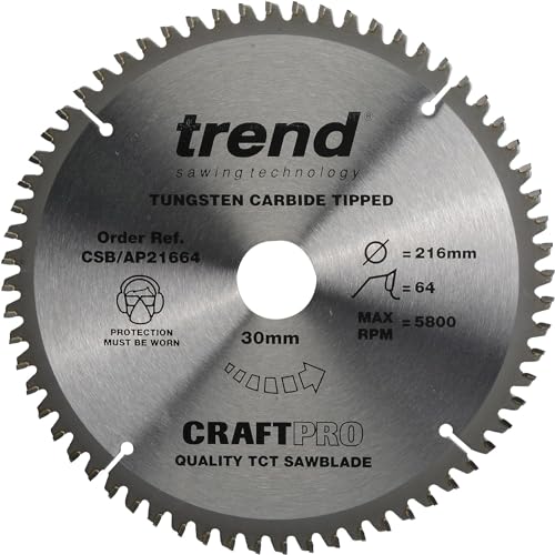 Trend Lama Per Sega Circolare Craftpro Thin Kerf Tct, Diametro 216 Mm X 64 Denti X Foro 30 Mm, Punta In Carburo Di Tungsteno, Csb/Ap21664