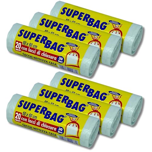 Frio - Set 6 Rotoli Da 20 Sacchetti Trasparenti, 30 Litri Per Bidone Spazzatura, Raccolta Differenziata, Buste Di Plastica Pe Riciclato Con Legacci. S