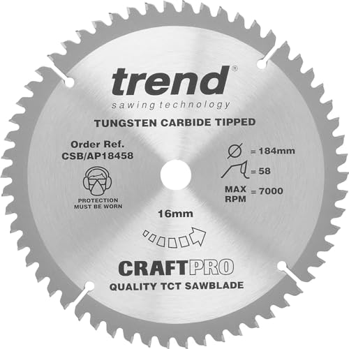 Trend Lama Per Sega Circolare Craftpro Tct Per Piano Di Lavoro In Alluminio E Plastica, Diametro 184 Mm X 58 Denti, Foro 16 Mm, Punta In Carburo Di Tu