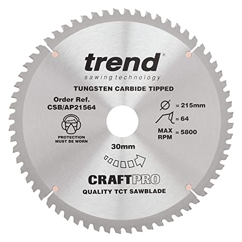 Trend Lama Per Sega Circolare Craftpro Tct Per Piano Di Lavoro In Alluminio E Plastica, Diametro 215 Mm X 64 Denti X Foro 30 Mm, Punta In Carburo Di T