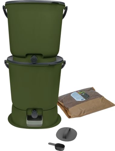 Bokashi Essential - Set Di 2 Compostrici Da 15,3 L+1 Kg Di Brain+1 Base Oliva